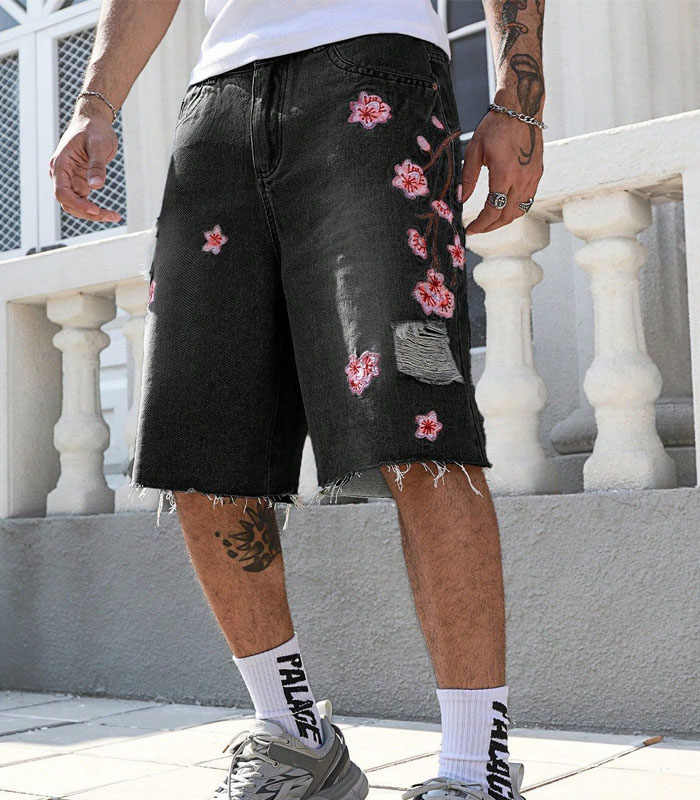 Men's Floral Embroidery Loose Fit black Denim Shorts