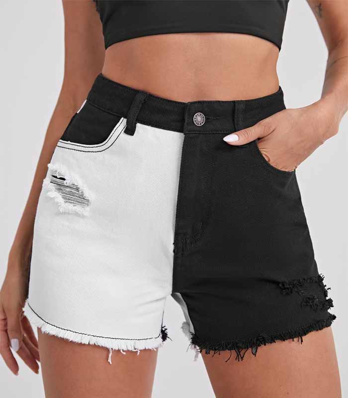 Two Tone Ripped Raw Hem Denim Shorts