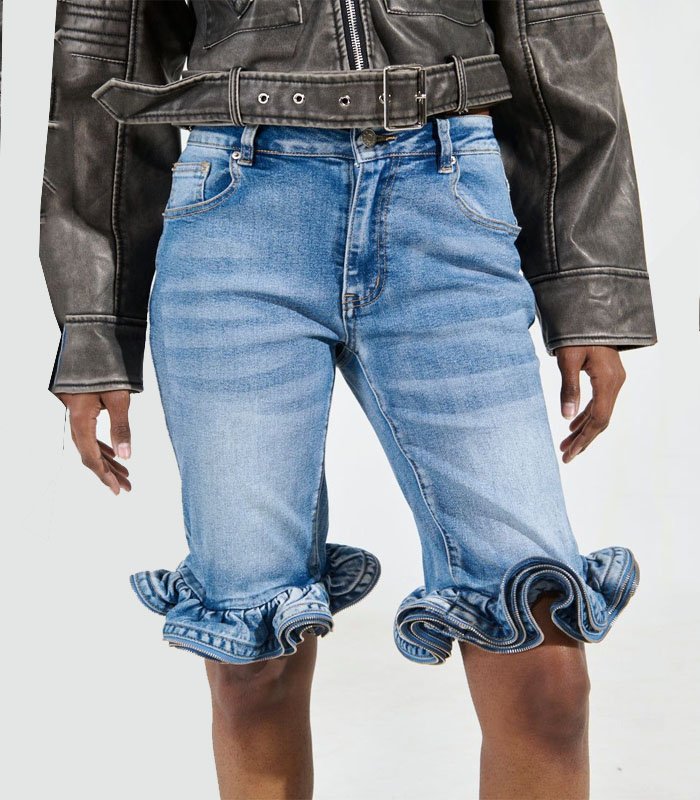 Ladies' Flared Hem Ruffled Stretch Denim Mid-Length Shorts