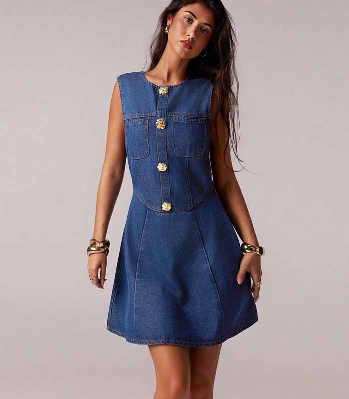New Summer Round Neck Sleeveless A-Line Metal Buckle Decor Women Denim Mini Dress