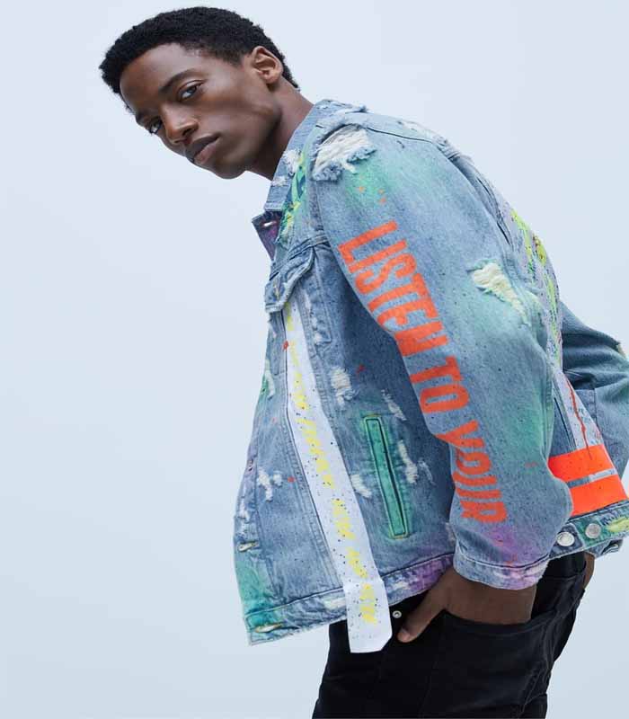 Faded & Artfully Ripped Printed Denim Jacket 