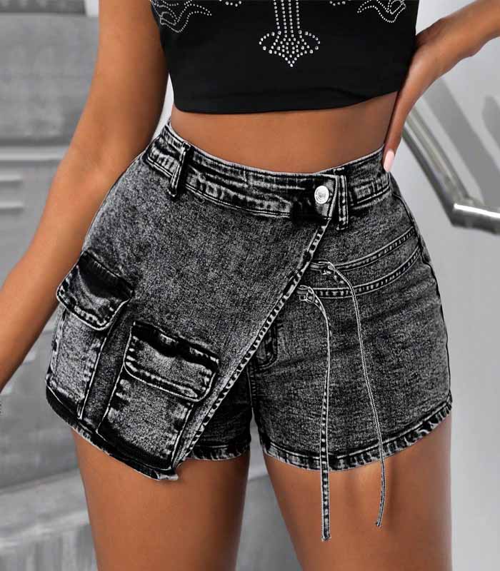 Plus Size Mid-Rise Black And Grey Stretch Denim Shorts With Asymmetrical Hem