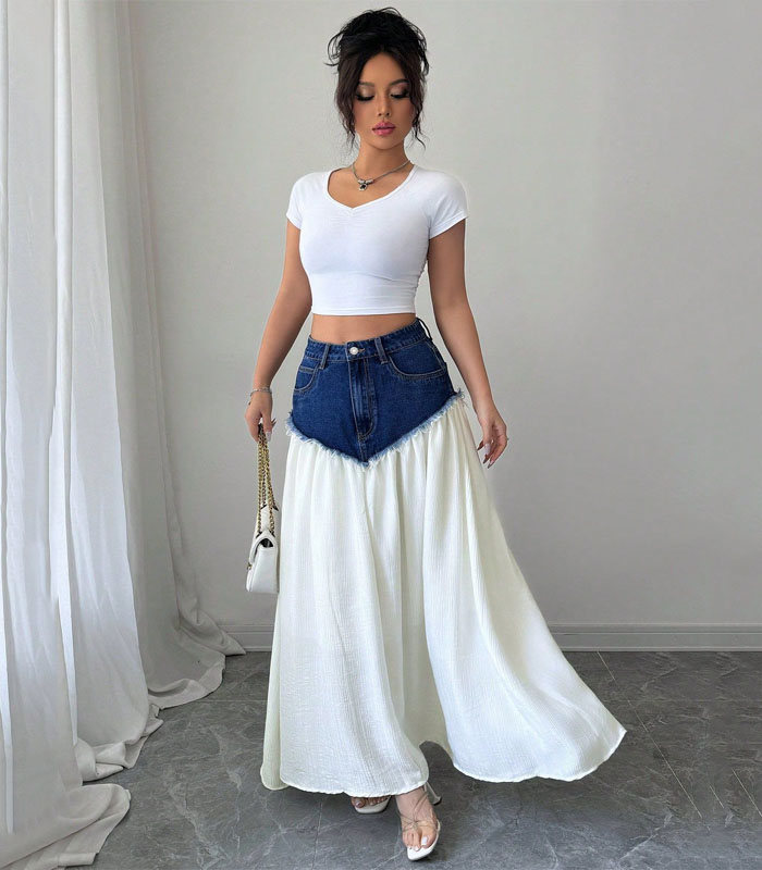 Women Casual Everyday Textured Frayed Hem Patchwork Bohemian Fairy Denim Skirt