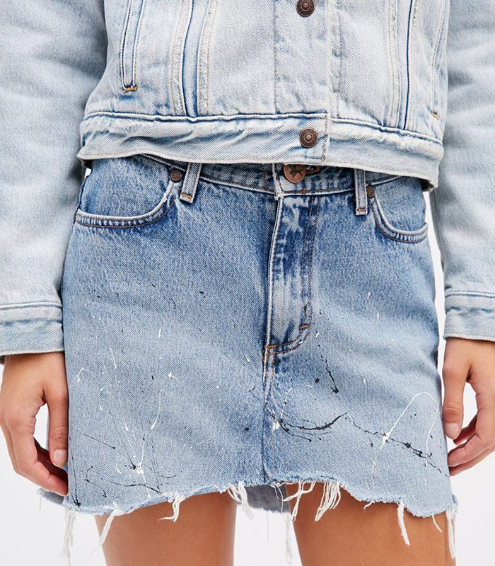 Women's Light Blue Distressed Spray-Paint Denim Mini Skirt