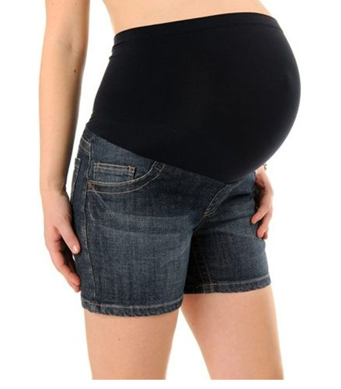 Maternity black denim shorts with elastic ribbed waistband and paneling design