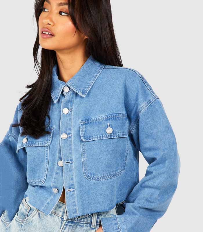 Womens Raw Hem Curved Back Cropped Denim Shirt - Blue