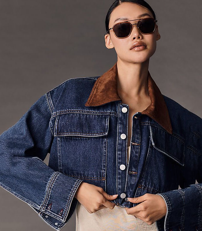 Vintage-Inspired Women's Denim Jacket – Deer Skin Trim, Distressed Blue Wash, Utility Pockets