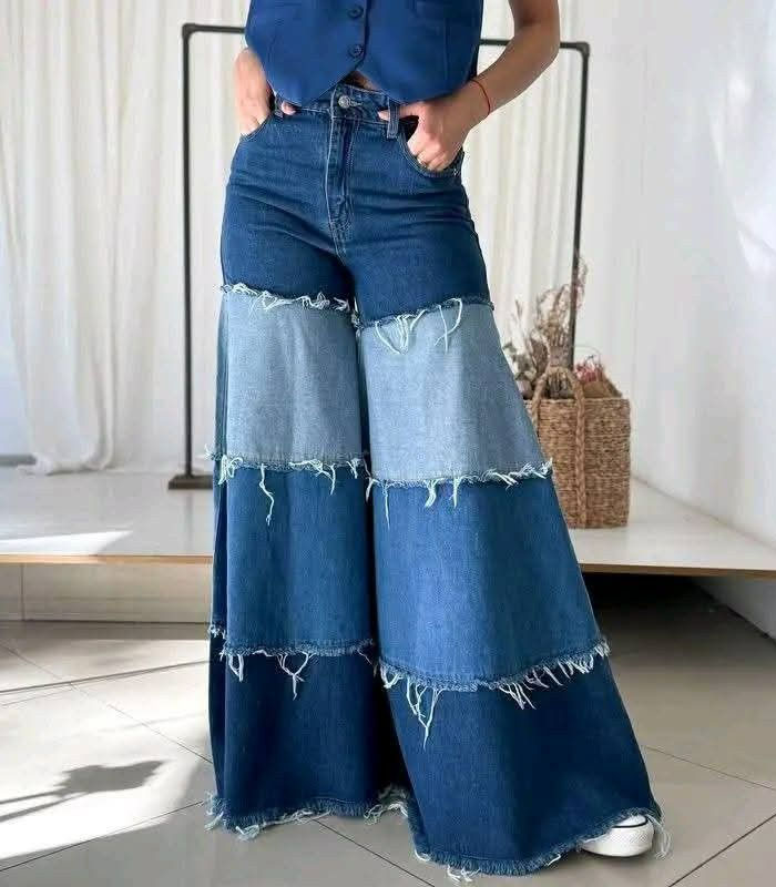 Artistic Patchwork Wide-Leg Jeans – Custom Color-Block Design