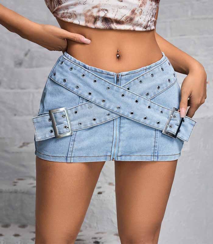 Women's Light Wash Short Skirt with Metallic Accents