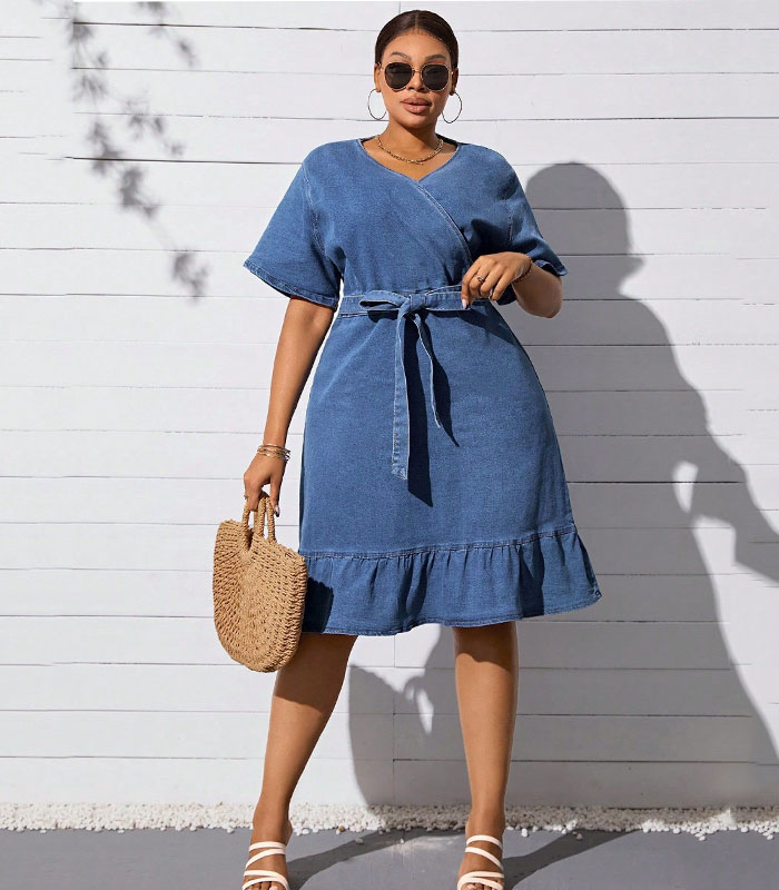 Plus Size Women's Ruffle Hem Belted Denim Dress