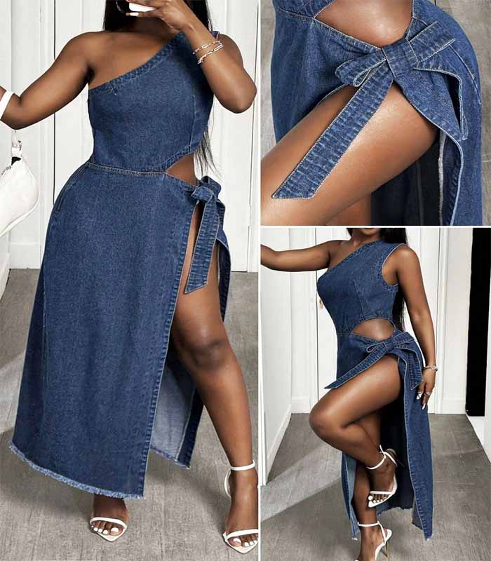Women's Asymmetrical Shoulder Tie-Waist Denim Dress