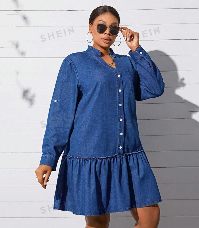 Plus Size Denim Dress With Front Button Closure, Rolled Sleeves And Notched Collar