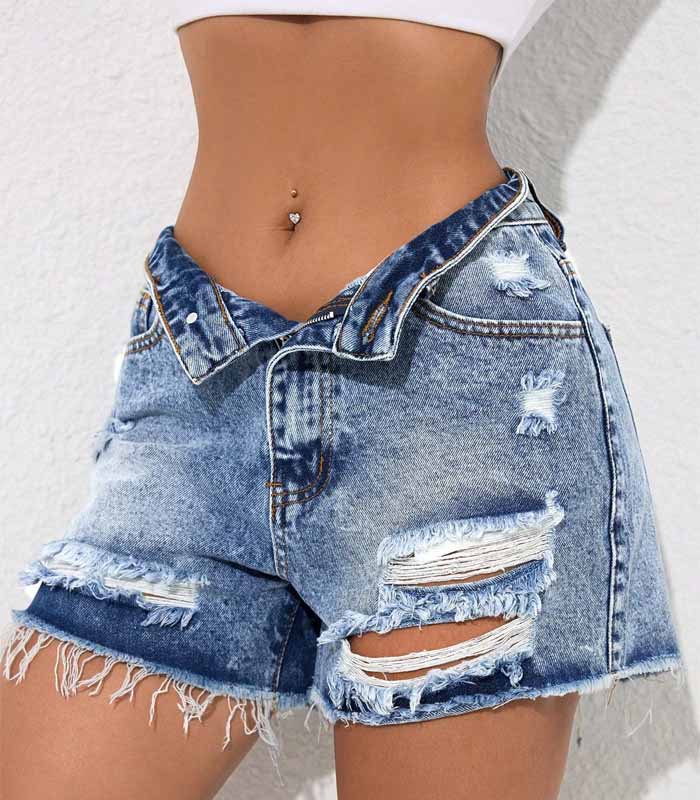 Classic ripped light blue denim shorts with raw hem