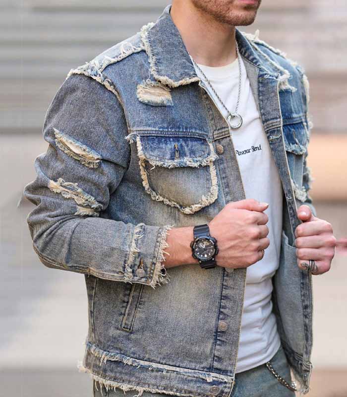 Men's Casual Patchwork Frayed Fashion Plain Denim Jacket With Long Sleeves, Spring And Autumn, For Vacation