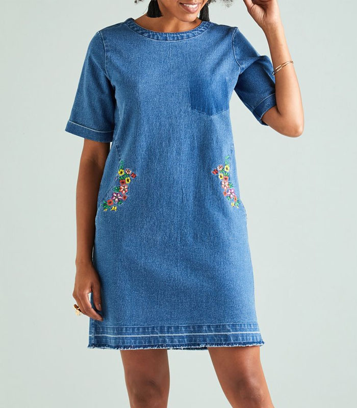 Chic Deep Blue Denim Shift Dress with Front Pockets printing- Breathable Summer Style