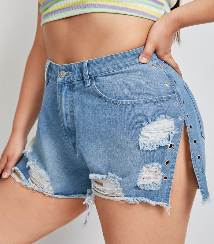 Distressed Washed Denim Shorts with High Side Slits & Metal Ring Accents