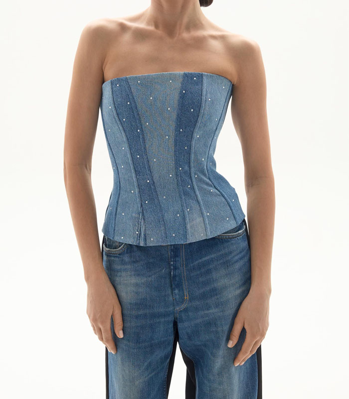 Denim corset with RHINESTONES, blue jean top, strapless, steel boned, lined corset, patchwork, upcycled denim