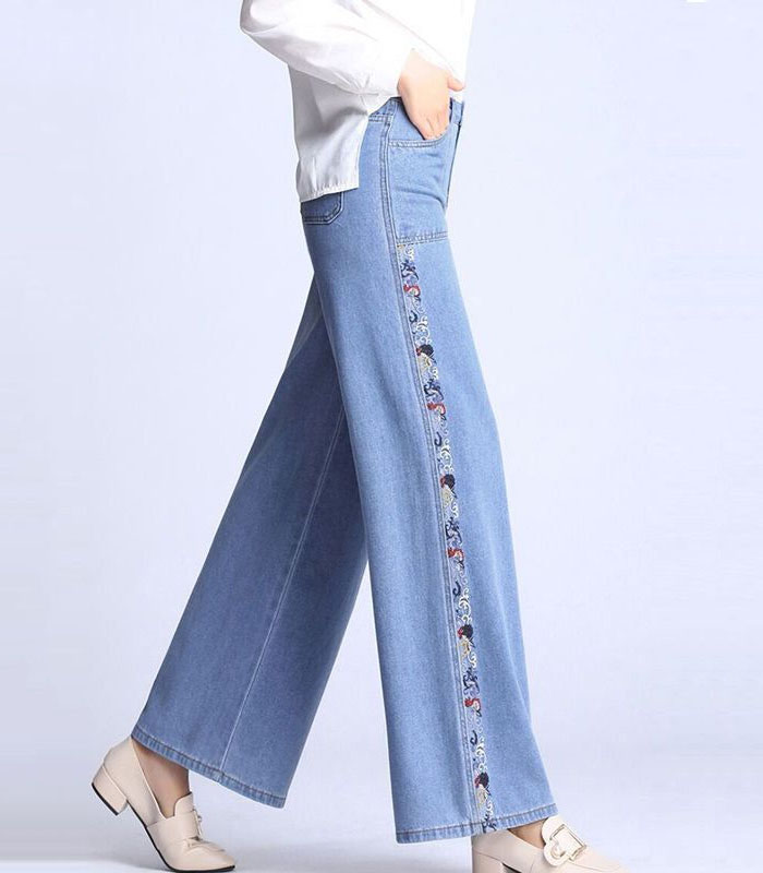 Natural Light Blue Embroideried Pockets Draping Cotton Women's Straight Pants Spring