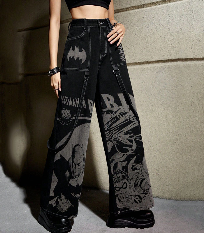 Women's Loose Fit Straight Leg Jeans - Black Distressed Digital Print Streetwear Denim Pants (Non-Stretch)