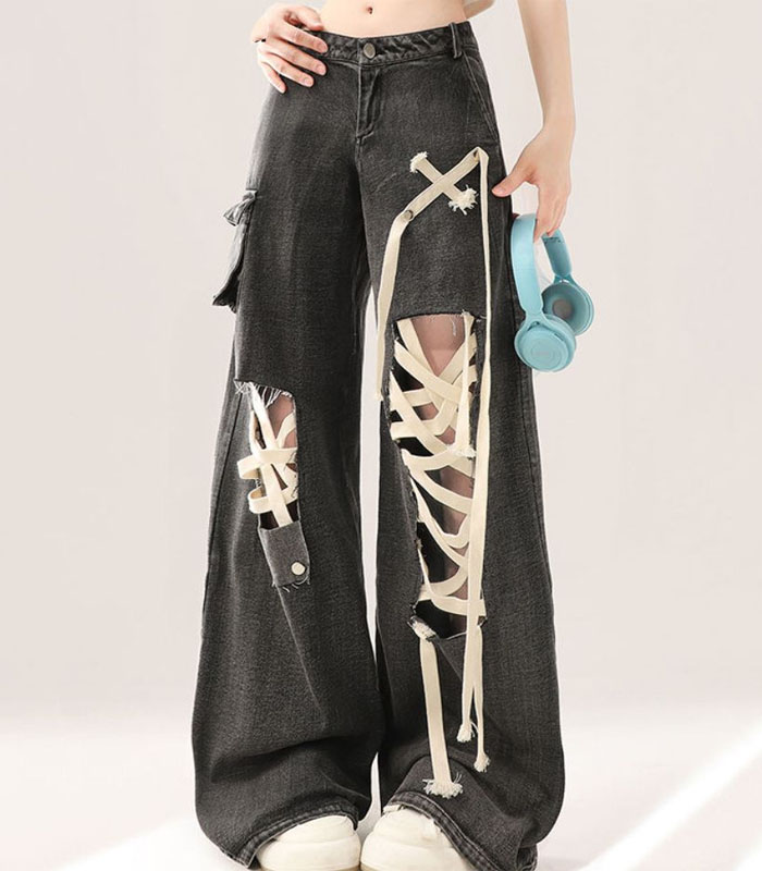 Wide Leg Pants Women Streetwear Jeans Bandage Hole Hip-hop Trousers Casual Fashion