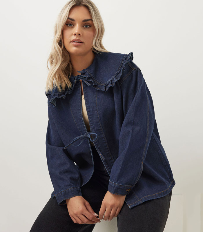 Curve Indigo Blue Frill Collar Tie Front Denim Shacket Women's Plus Size And Curve Fashion