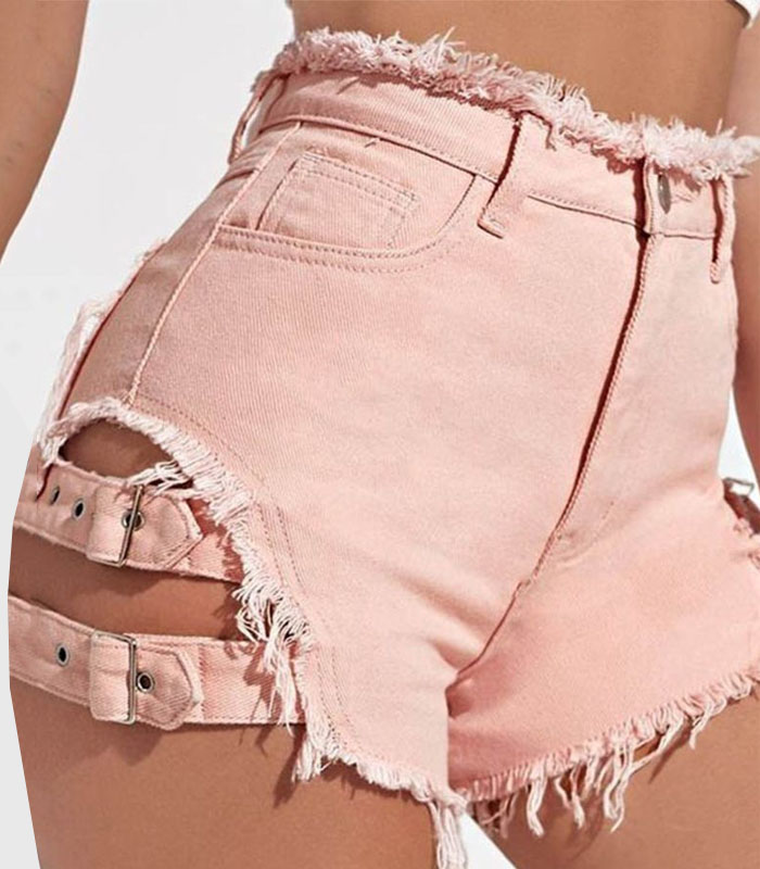 Hollow Out Chic Women pink Denim Shorts with Frayed Hem and Buckle Straps