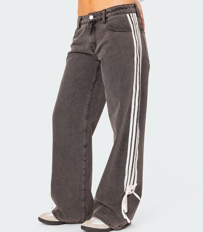 Ribbon Stripe Low Rise Wide Leg Jeans in Dark-Gray Washed  for women