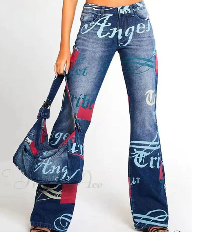 Women's Digital Print Flared Jeans – Retro Streetwear Hip-Hop Style Pants