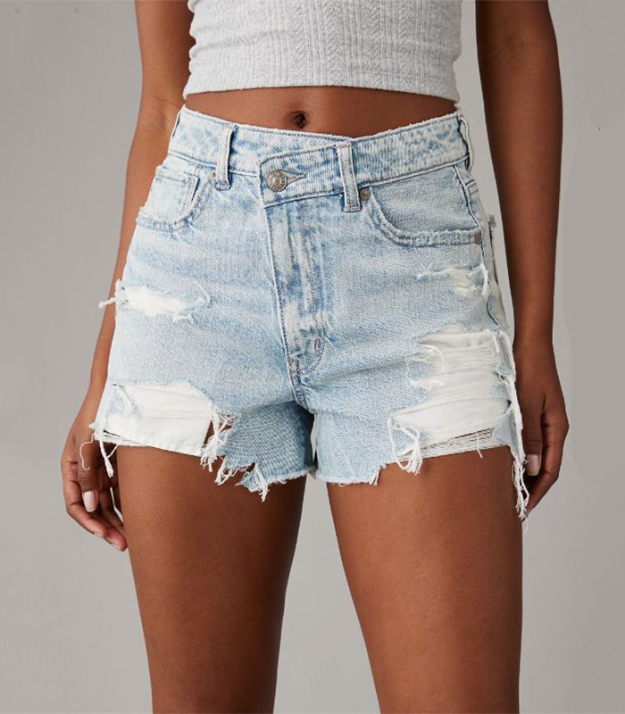 Distressed Light Blue Denim Shorts – Irregular Raw Hem Acid Wash Mini Shorts with Destroyed Details