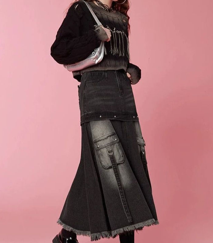 Distressed Hem Black Denim Maxi Skirt with 3D Pockets Metal Rivet Details Vintage Washed Style