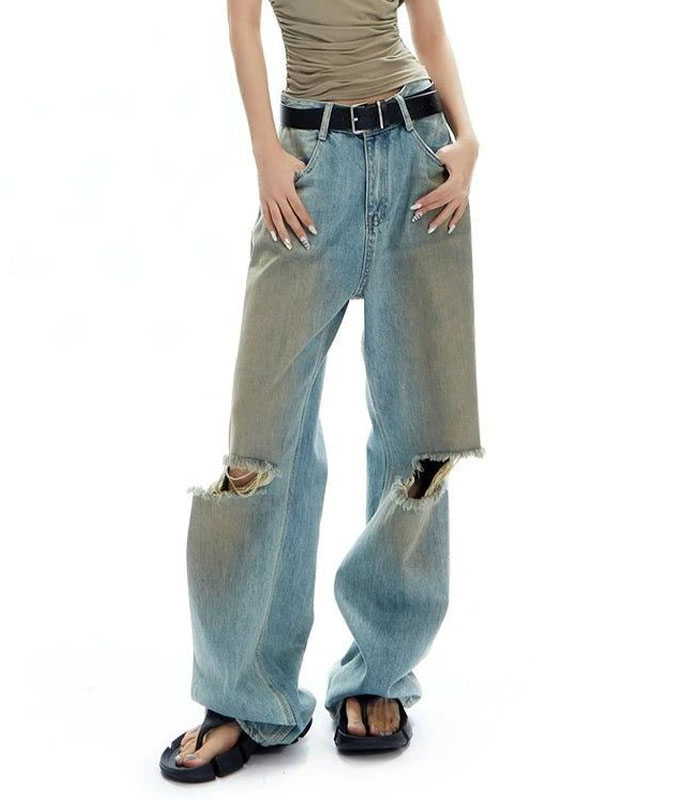 Distressed Raw-Hem Relaxed Wide-Leg Jeans – Gradient Monkey Spray Wash