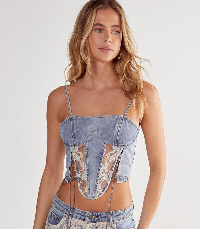 Vintage Wash Denim Camisole Top – Sexy Lace Trim Corset Style Bustier for Women