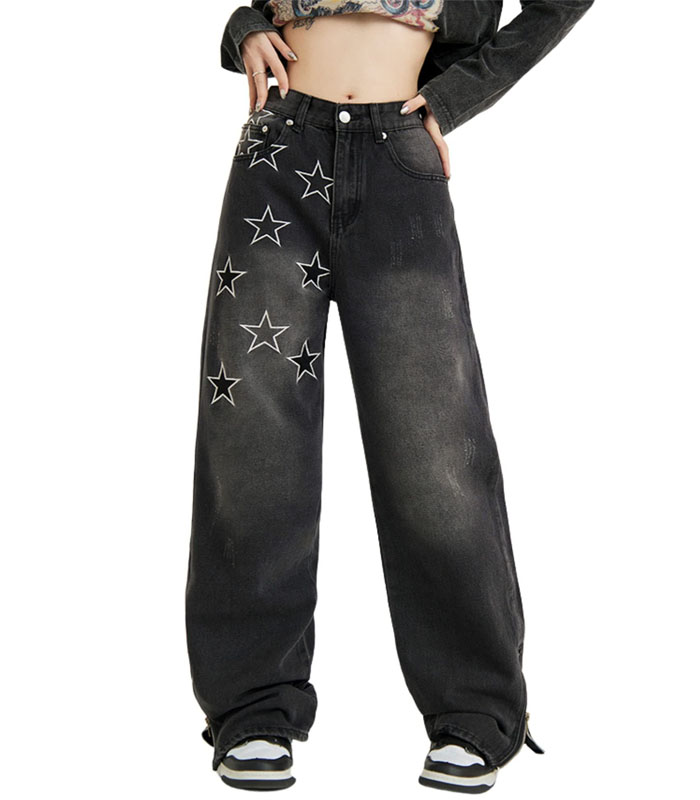 Hopecn Baggy Pants  Star embroidery High Wasit Hollow Out Denim Jeans Vintage Aesthetic Streetwear Fashion Flared Jeans