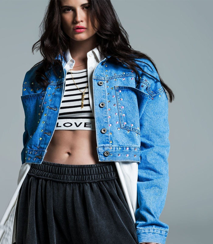 Denim Cropped Jacket In Blue With Studs And Chest Pockets, Medium Blue