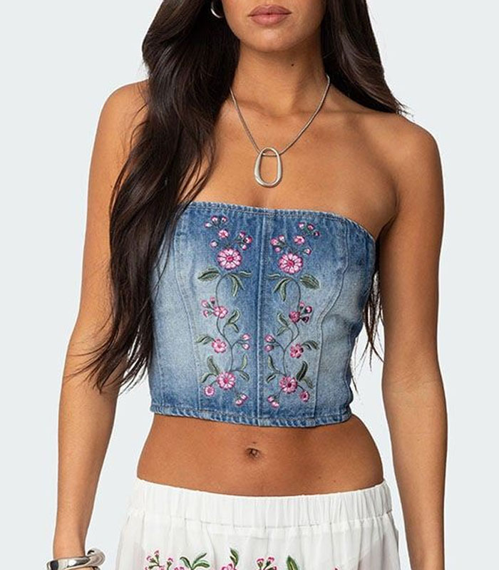 Women's Fitted Embroidered Denim Bustier – Vintage Washed Blue Corset Crop Top
