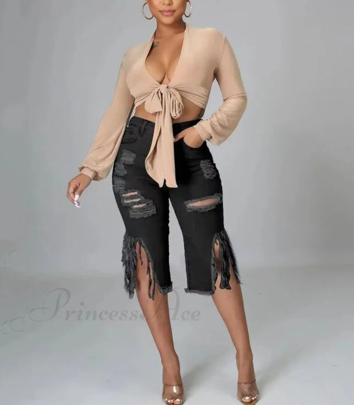 Elastic Tassle Flare Knee Length Denim Pants Women Sexy Fashion High Waist Hole Ripped High Street Trousers Jean