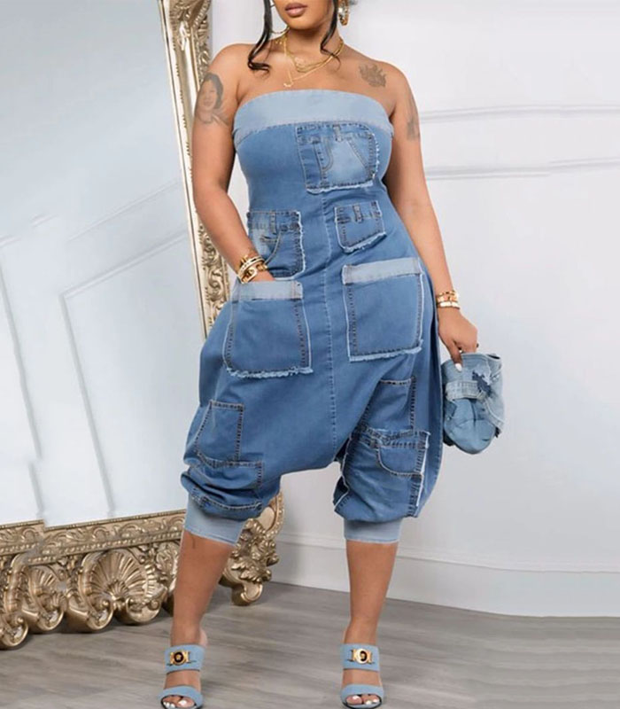 Daily Jumpsuit with Patchwork Pocket and Contrast Strapless Design