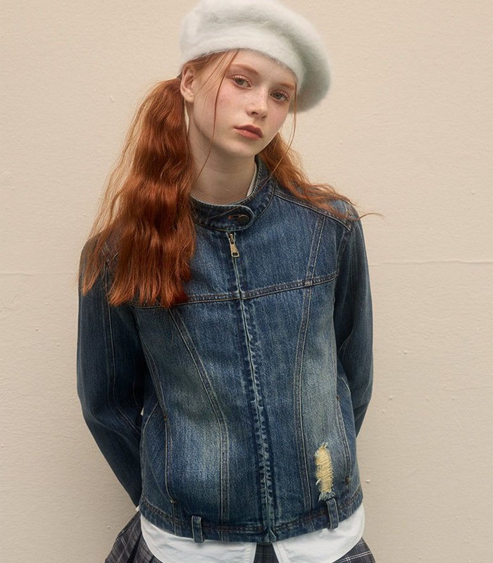 Women's Distressed Washed Retro Denim Jacket Casual Stand Collar Vintage Blue Coat