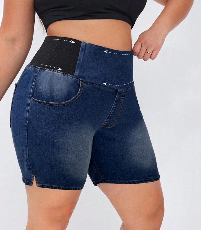 Plus Size High Waist Denim Shorts for Women Stretchy Comfort Fit Color Elastic Waistband Casual Sporty Style