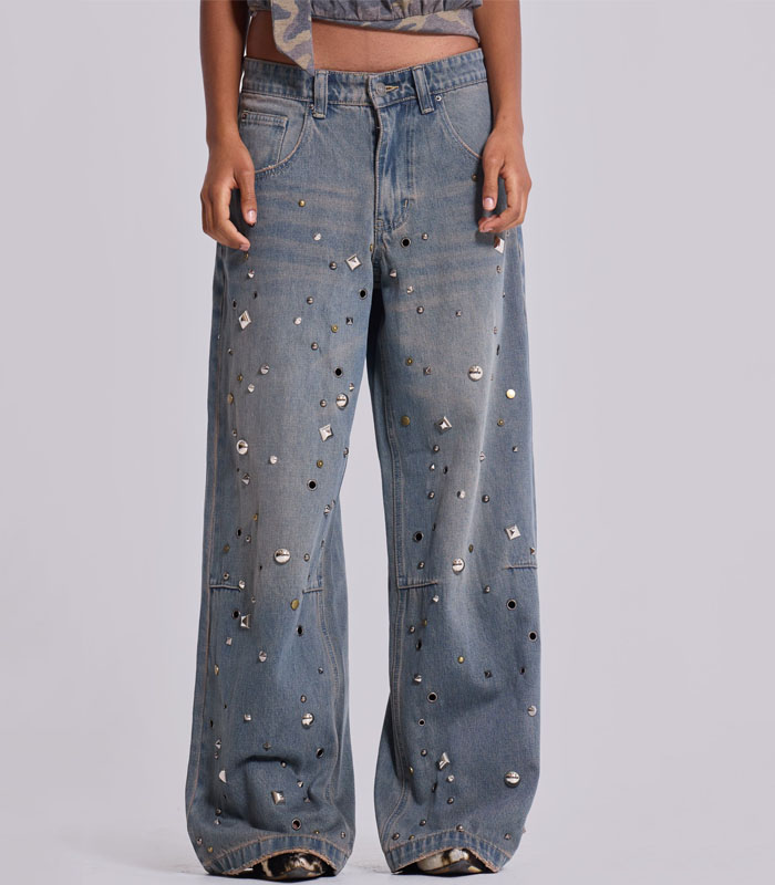 Distressed Low-Rise Straight Leg Jeans with Full Rhinestone Studs - Edgy Casual Denim Pants
