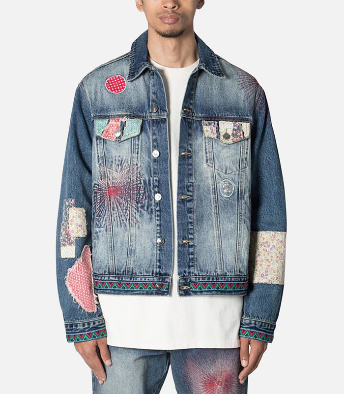 Men's Light Blue Slim Fit Denim Jacket Vintage Trucker Style with Patch Embroidery Casual Distressed Jean Coat