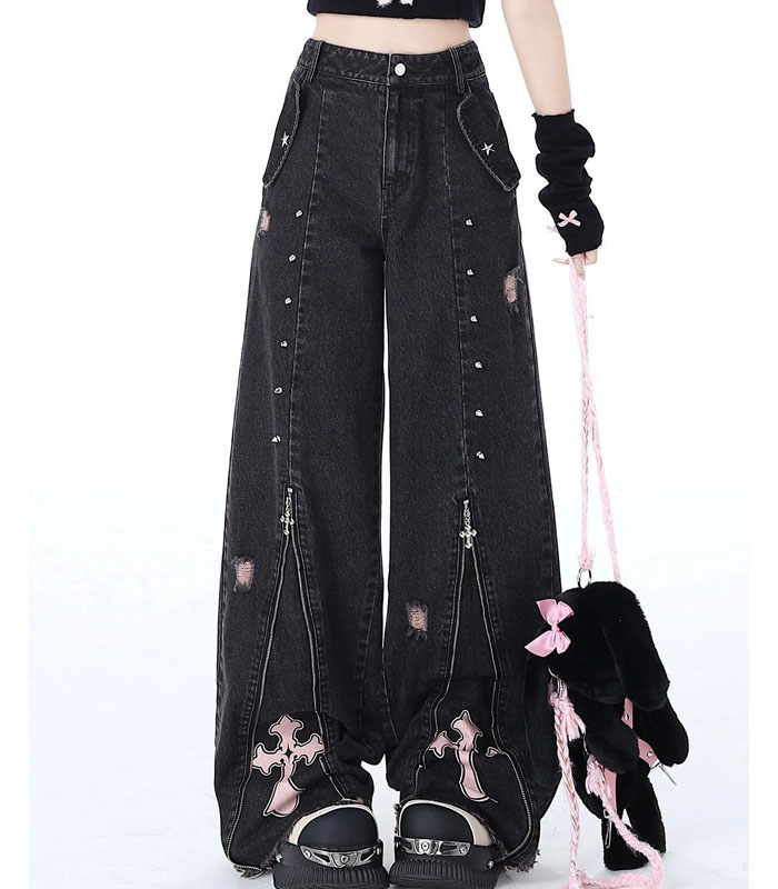 High-Waisted Wide-Leg Jeans with Metal Zipper & Rivet Details - Dark Gray