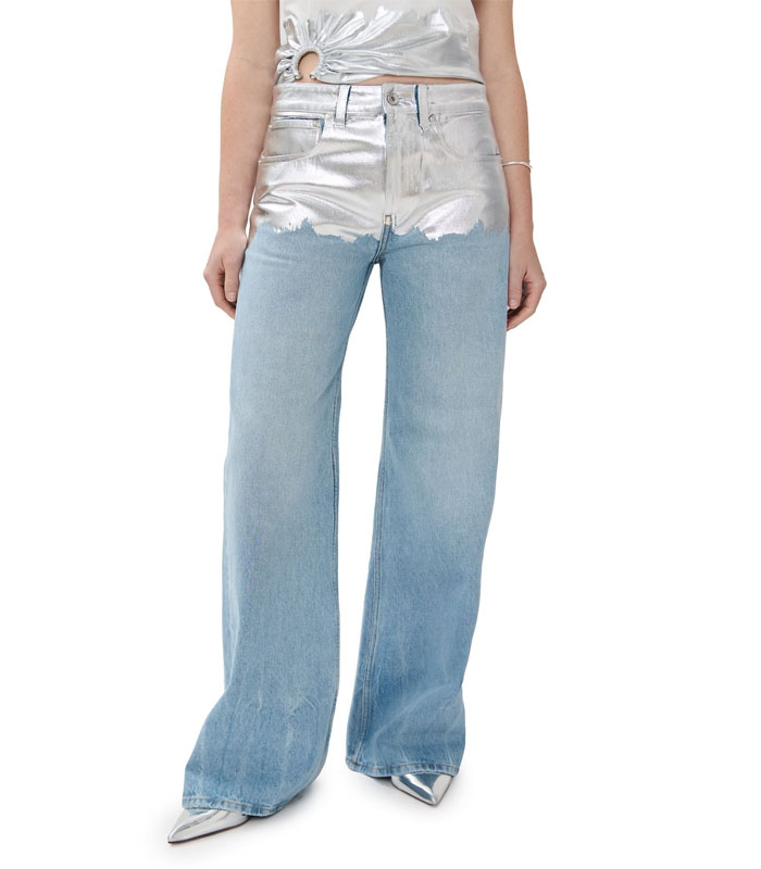 Women's Light Blue Washed Straight Jeans with Silver Gradient Floral Print High-Quality Stretch Denim Pants