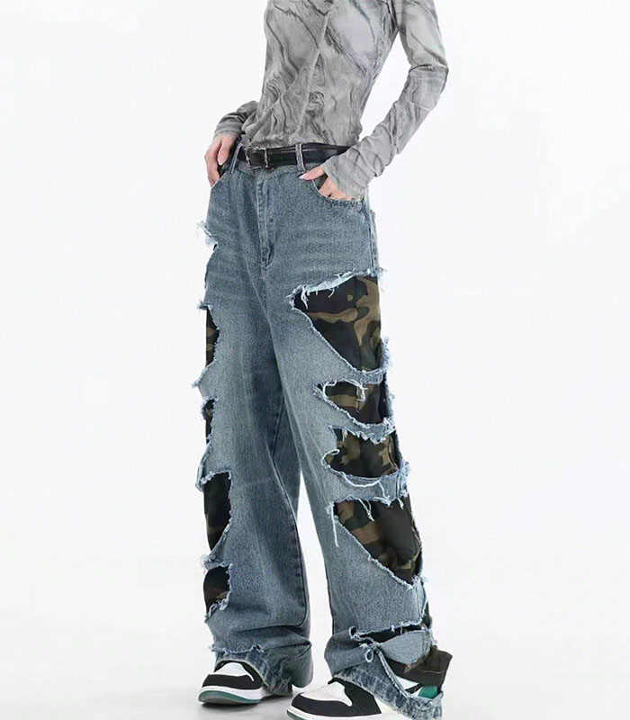 Woman Stitching Ripped Denim Pants Fashion Patchwork Hole Elastic Waist Straight Jeans
