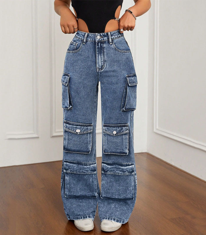 Women's Blue Acid Wash Stone Wash Multi-Pocket Cargo Straight Leg Jeans