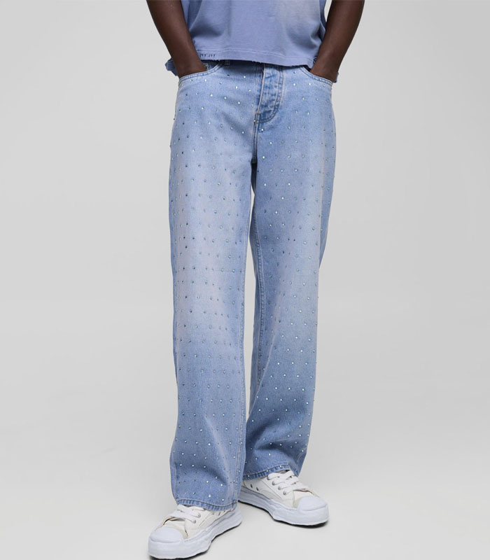 Mens Purple Relaxed Fit All Over Rhinestone Embellished Lilac Jeans