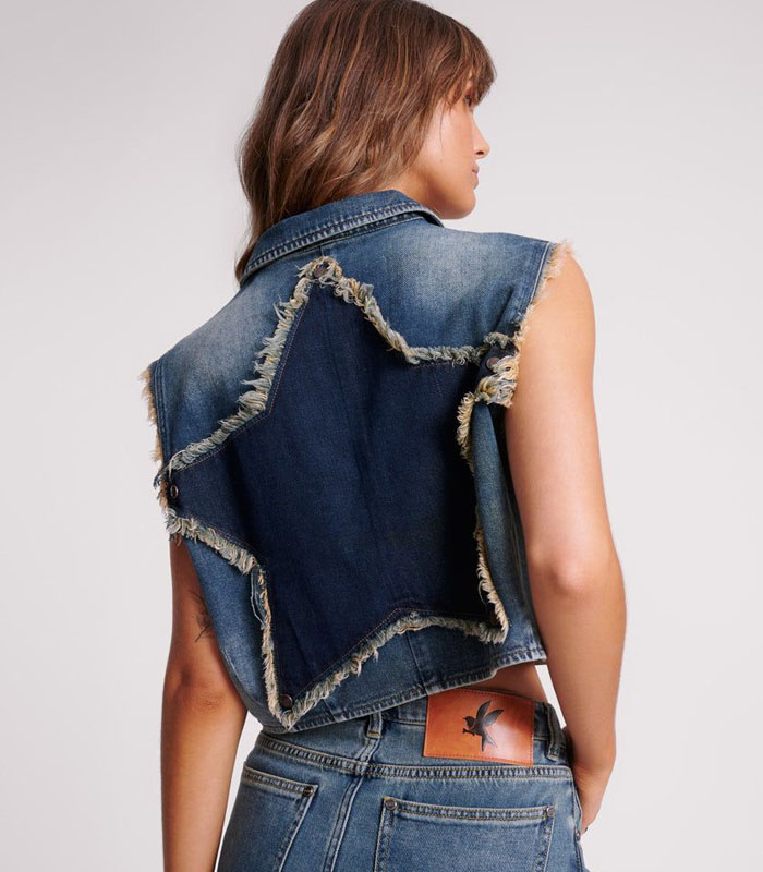 Distressed Denim Vest with Five Point Star Patch Embroidery Raw Hem Washed Sleeveless Jacket