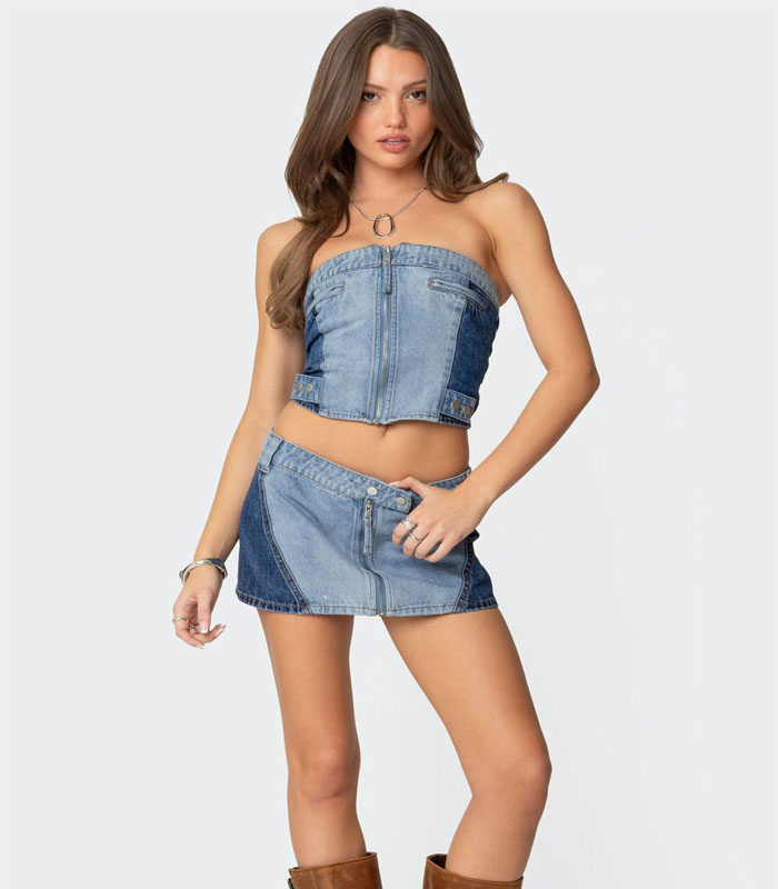 Sexy Two-Tone Denim Bustier Corset Top Zipper Front Mini Skirt Set