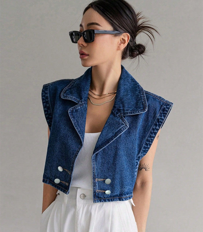 Women's Double Breasted Sleeveless Cropped Denim Shirt – Stylish Midriff Baring Top