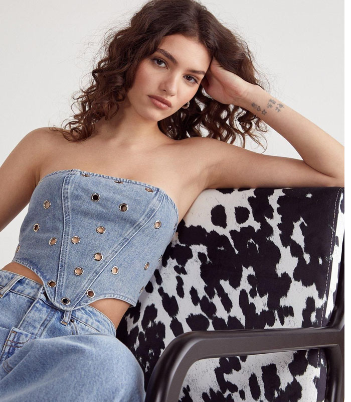 Light Blue Metallic Mesh Denim Bustier Top Stylis Cropped Corset Shirt for Women